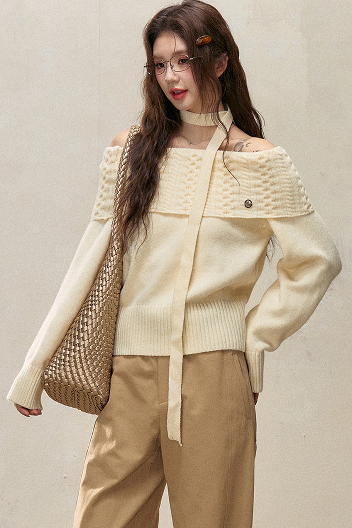 Off-Shoulder Knitted Sweater and Pants Set-Up