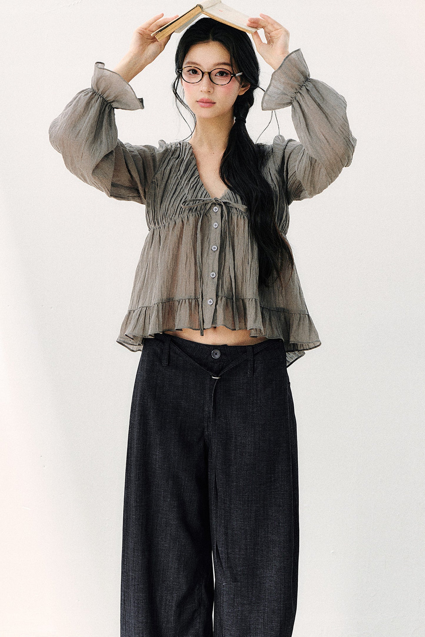 Ruffled V-Neck Long-Sleeved Chiffon Top