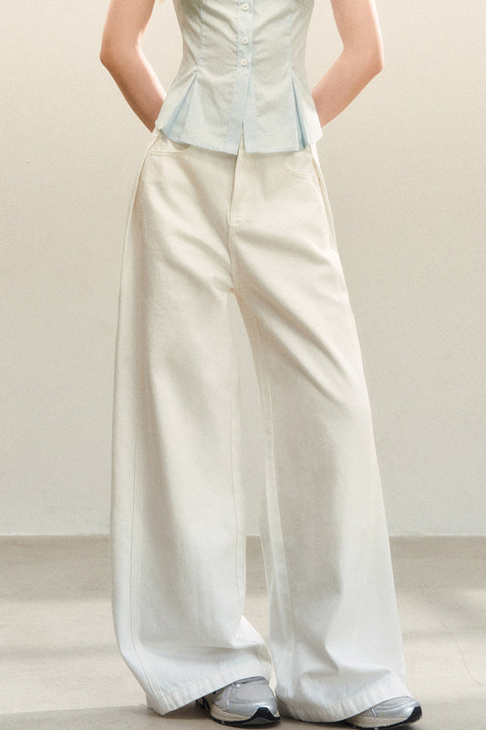 White Drapey High-Waisted Wide-Leg Pants
