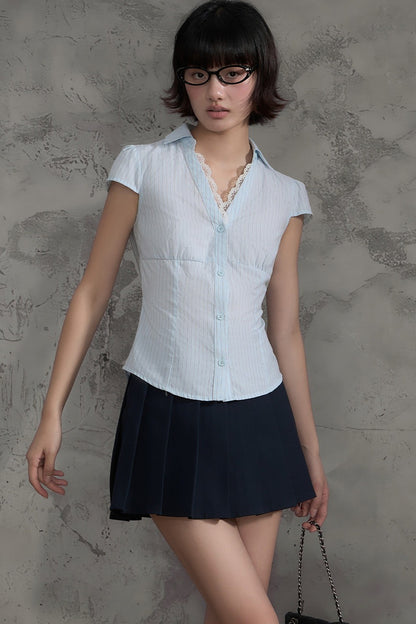 Lace Patchwork Striped Blouse