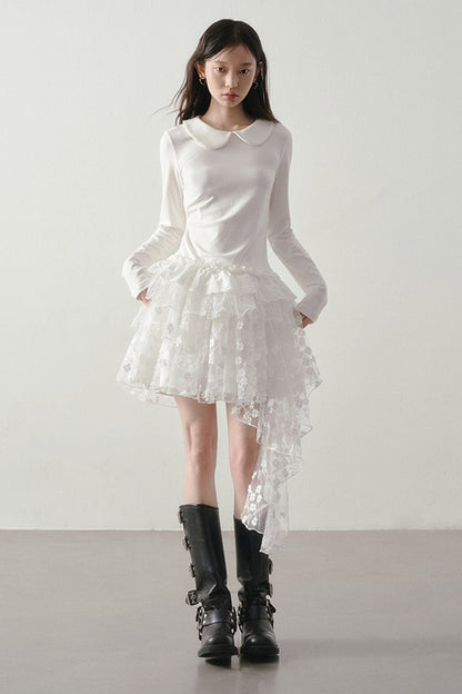 White Floral Lace Mesh High-Waisted Skirt
