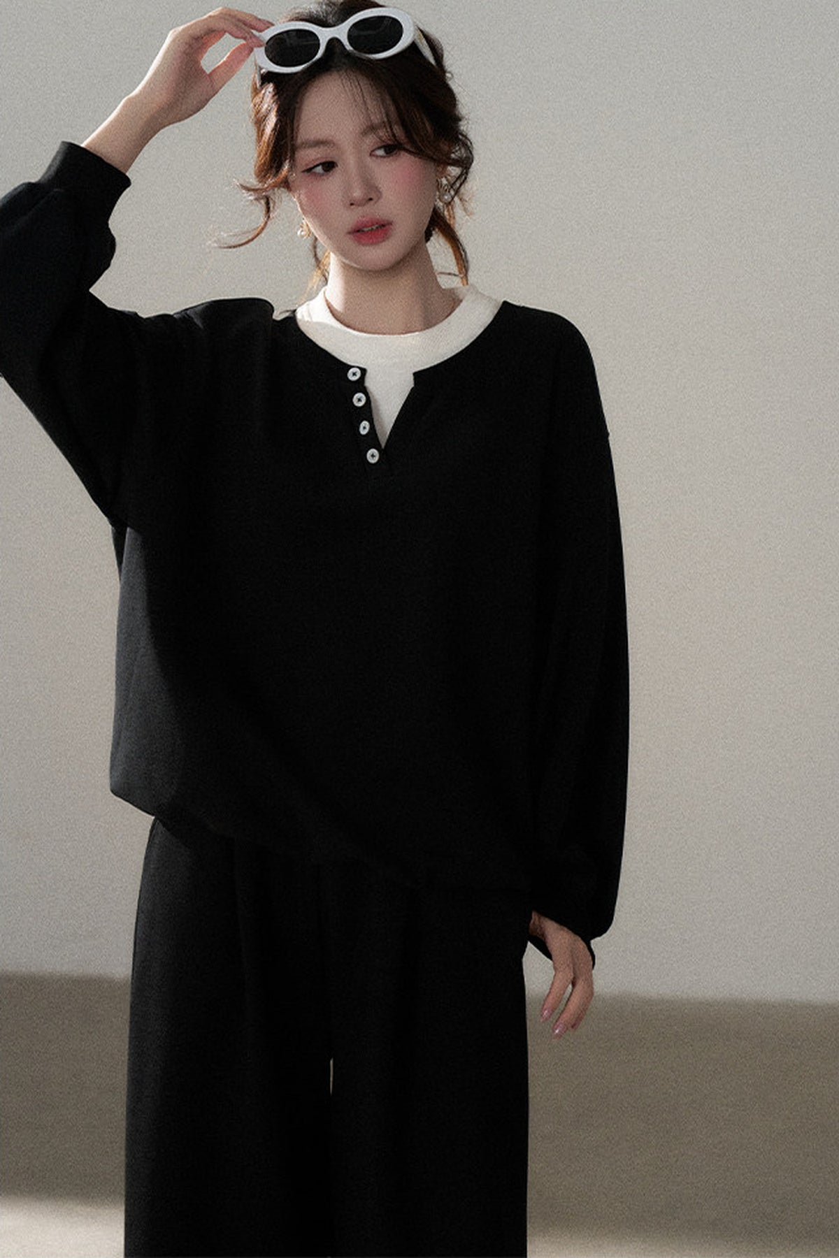 Hooded Shawl Sweatshirt and Wide-Leg Pants Set-Up