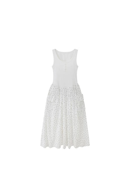 Vestido maxi evasé sin mangas de lunares