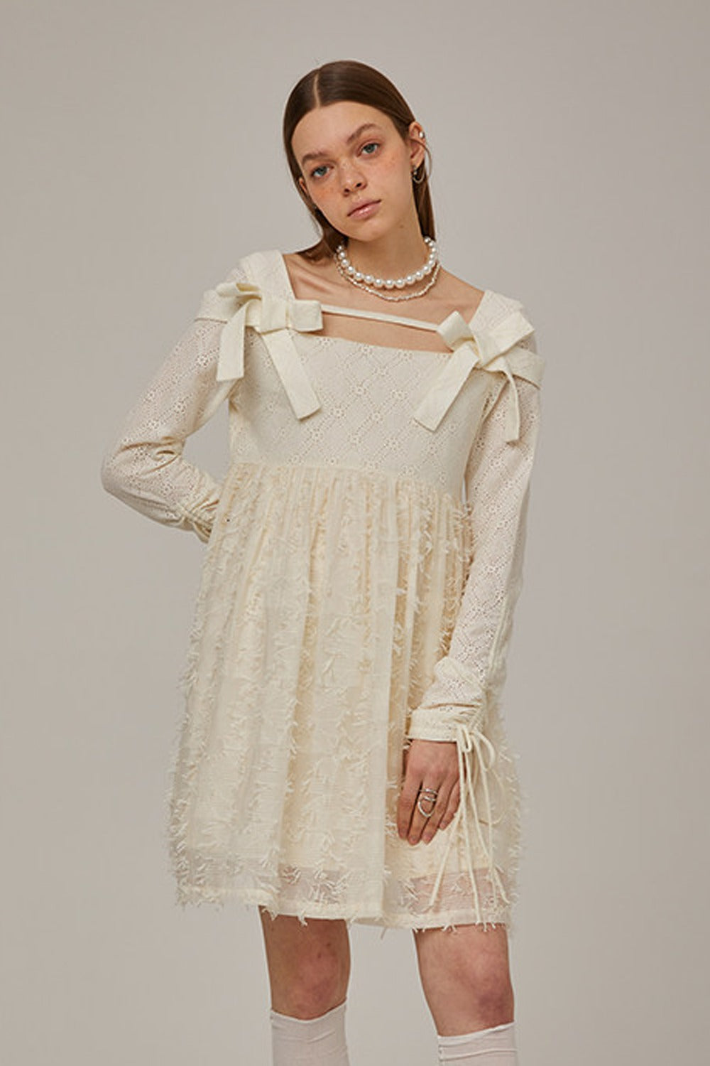 Beige Plaid Lace Bow Dress