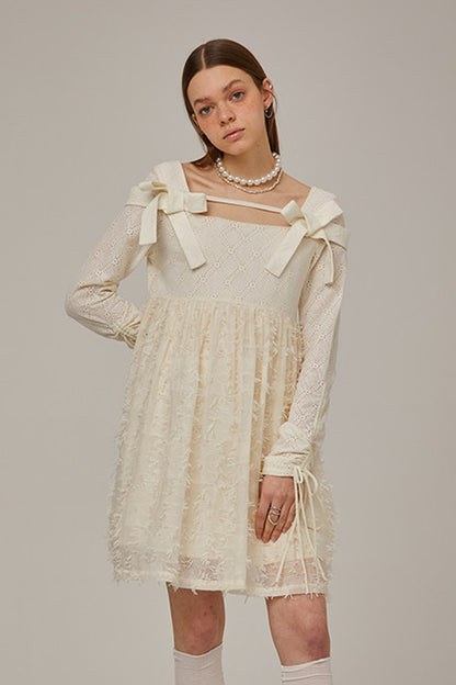 Beige Plaid Lace Bow Dress