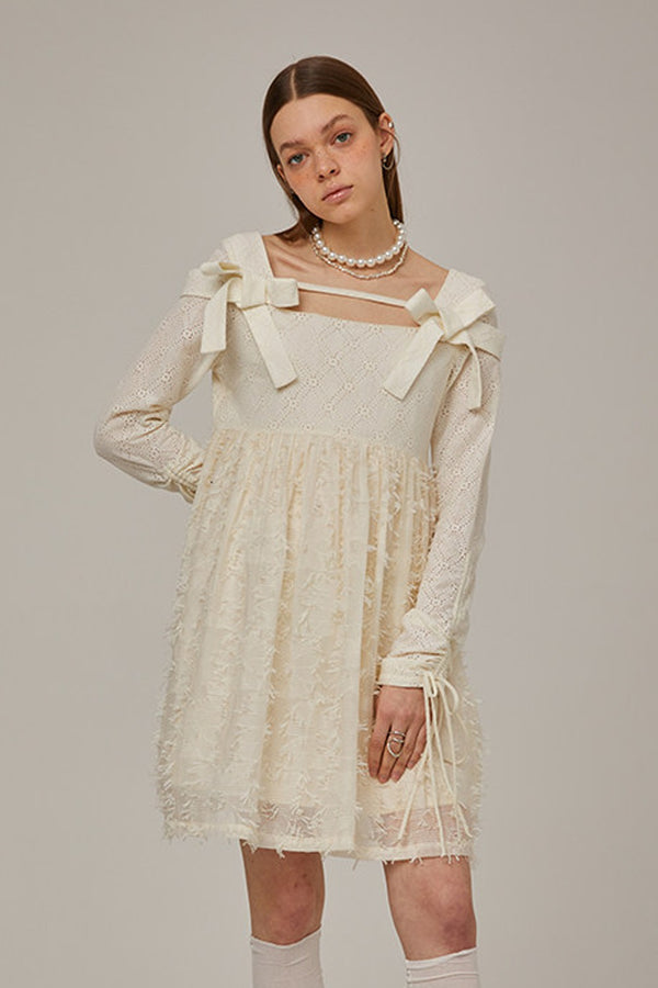 Beige Plaid Lace Bow Dress
