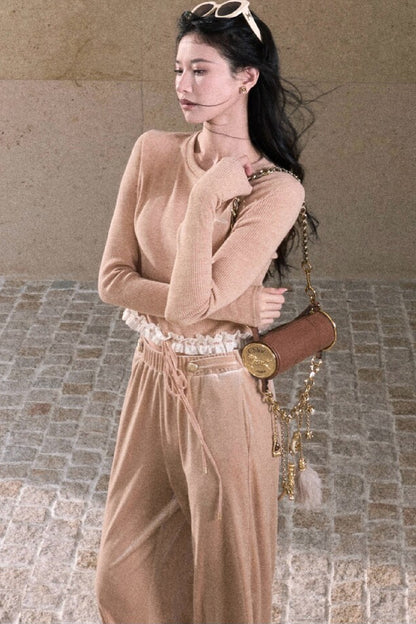 Lace Knit Long-Sleeve Top and Drape Velvet Straight-Leg Pants Set-Up