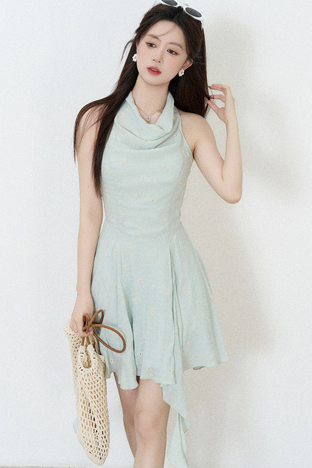 Halter Neck Sleeveless Irregular Hem Ruffle Dress