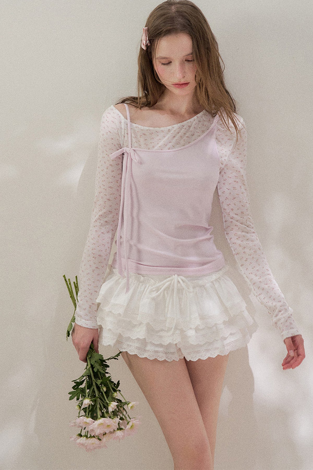 Layered-Look Floral Long Sleeve Blouse