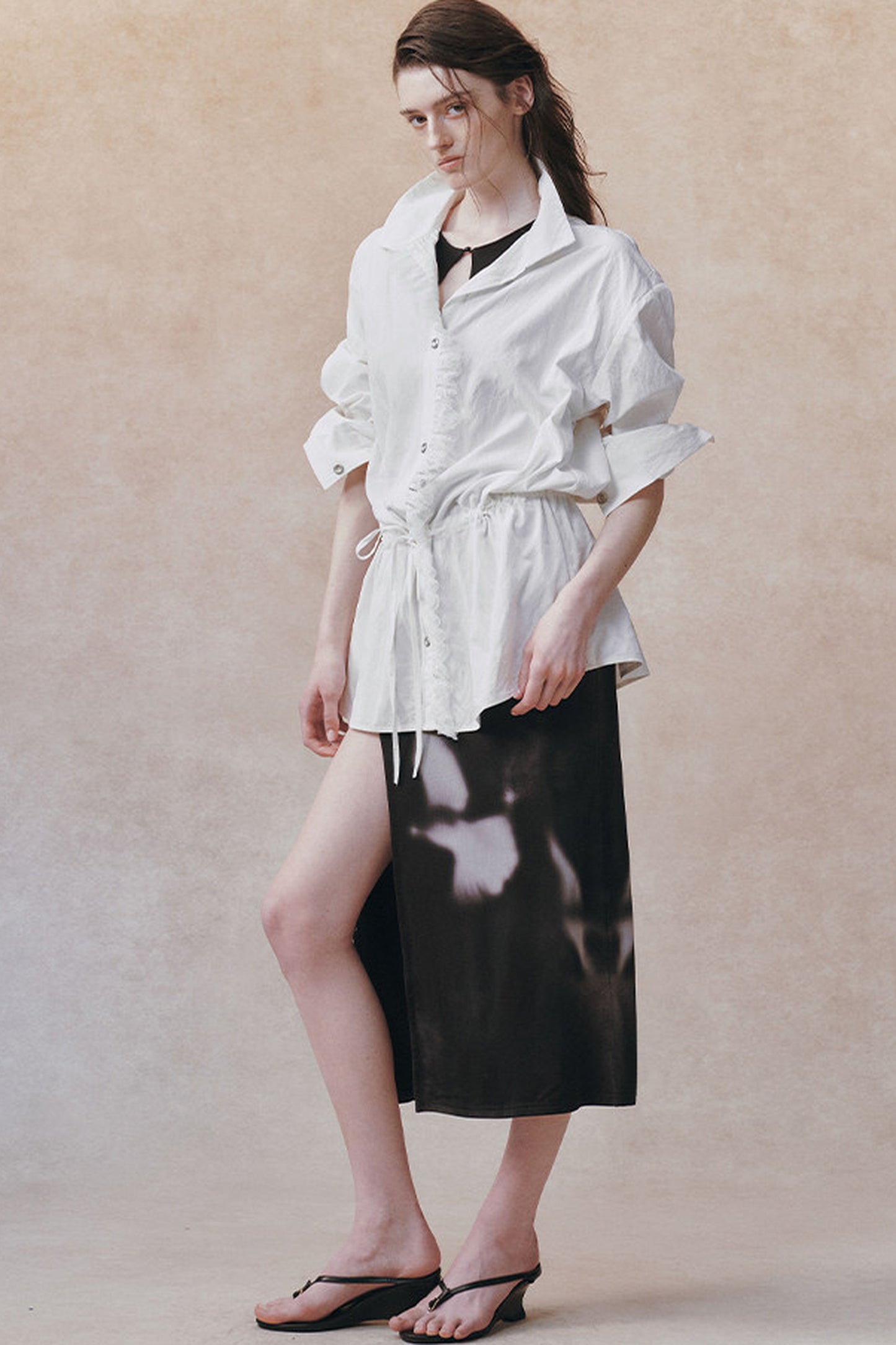 Oversized Crinkled Lace Drawstring Shirt