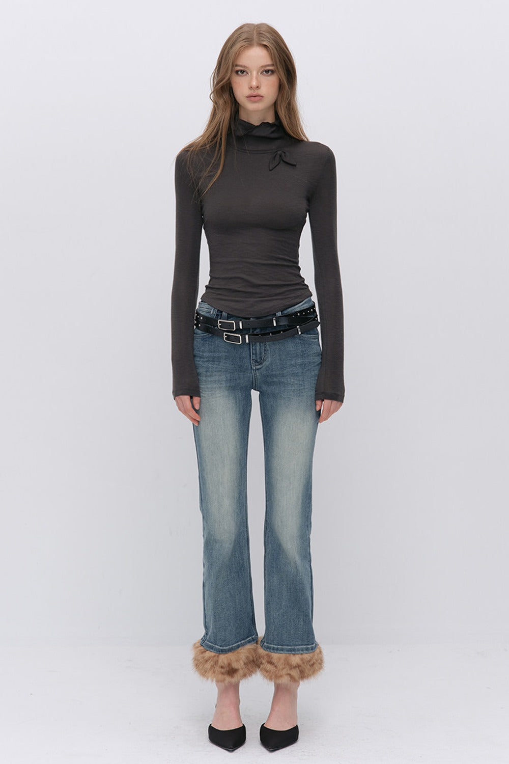 Detachable Frayed Hem Washed Flared Jeans