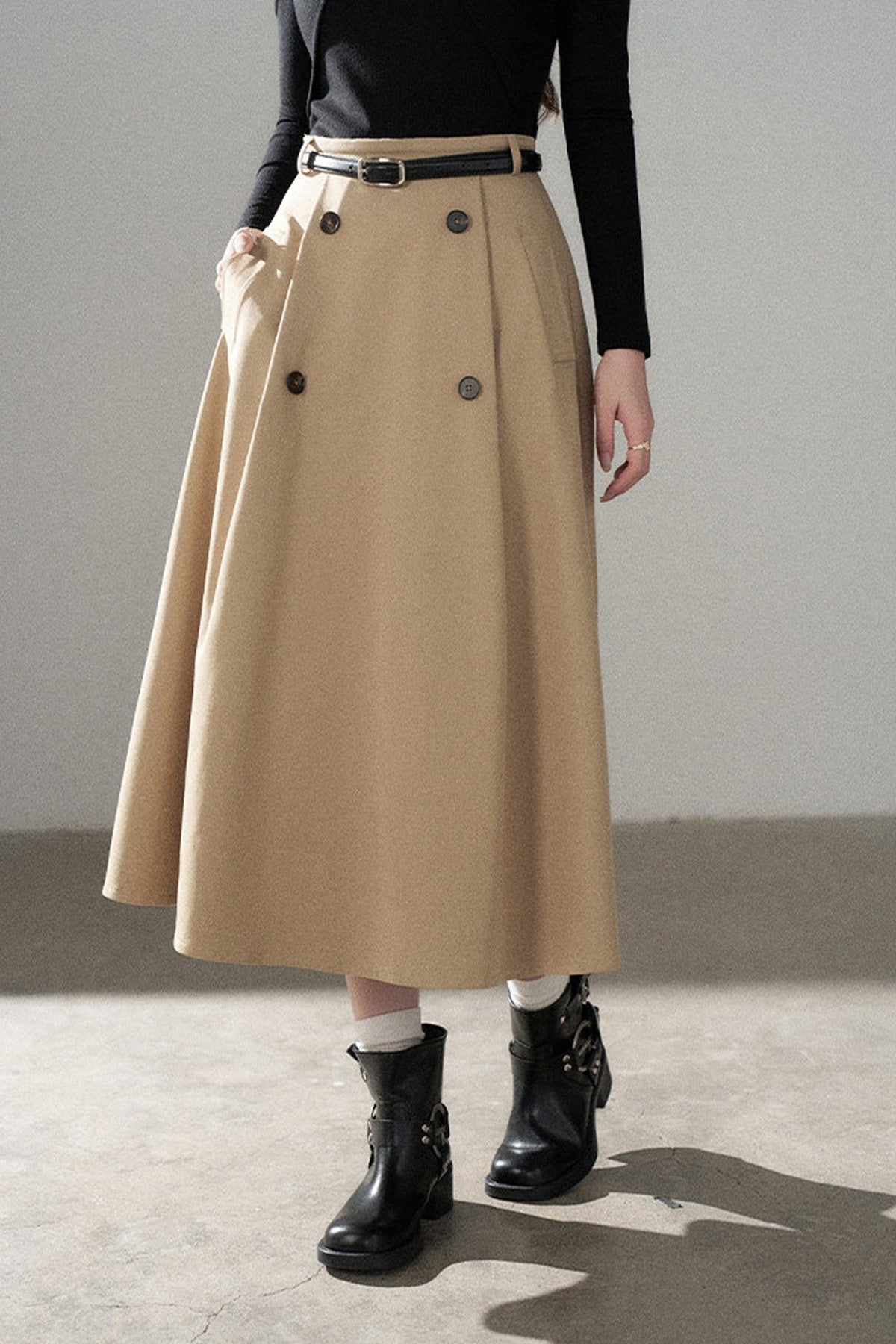 Knot Off-Shoulder Knit Pullover Top and Khaki Skirt Set-Up