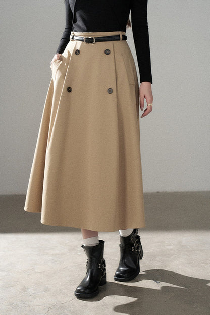 Knot Off-Shoulder Knit Pullover Top and Khaki Skirt Set-Up