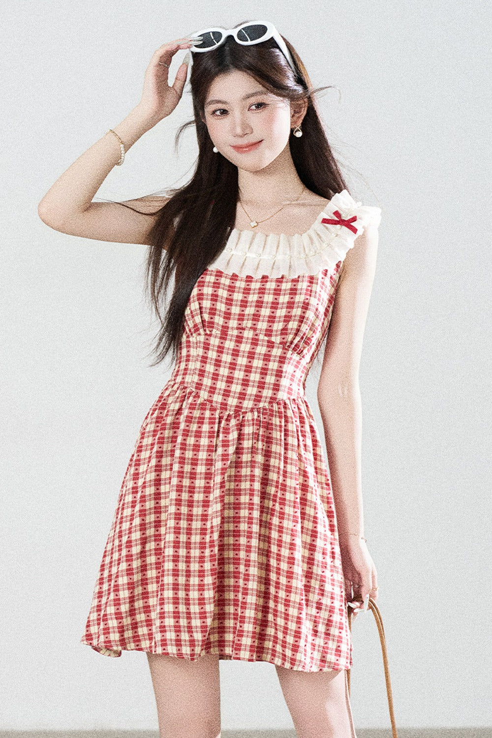 Red Plaid Sleeveless Ruffle Dress