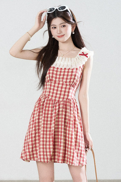 Red Plaid Sleeveless Ruffle Dress