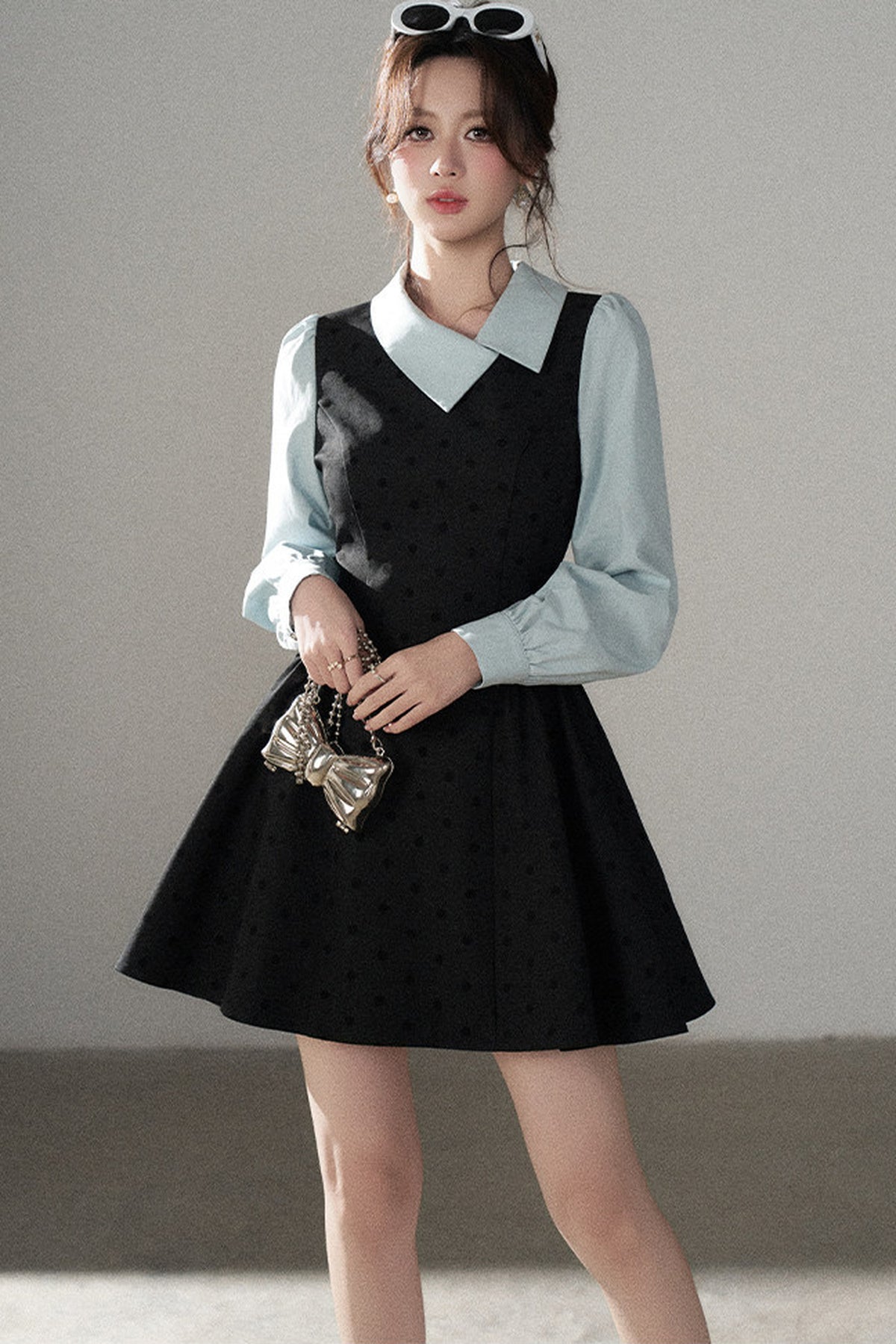 Black Polka Dot Asymmetrical Collar Dress