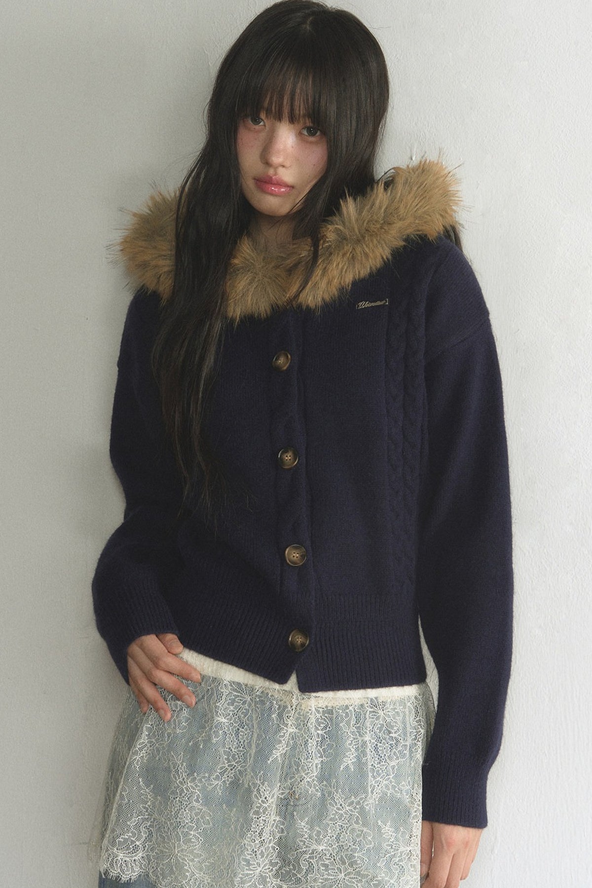 Fur Collar Hooded Cable Knit Cardigan Set-Up