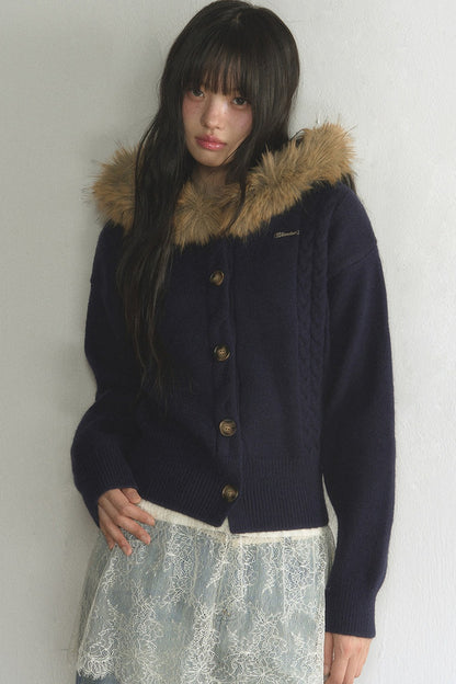 Fur Collar Hooded Cable Knit Cardigan Set-Up