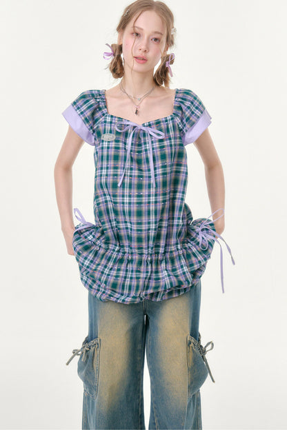 Purple Plaid Flutter Dress