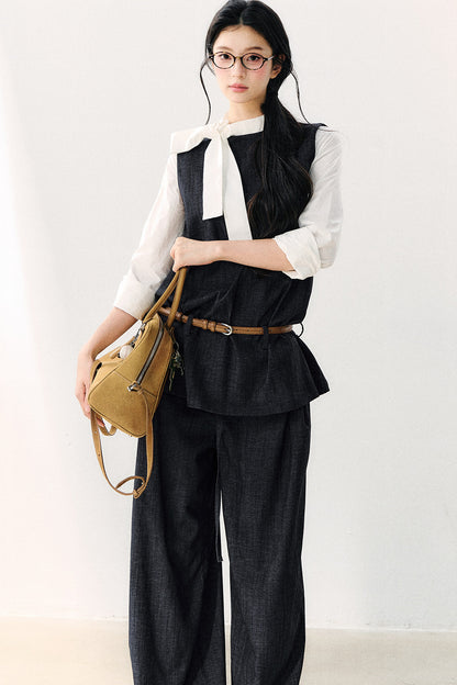 Round Neck Color-Block Ribbon Shirt