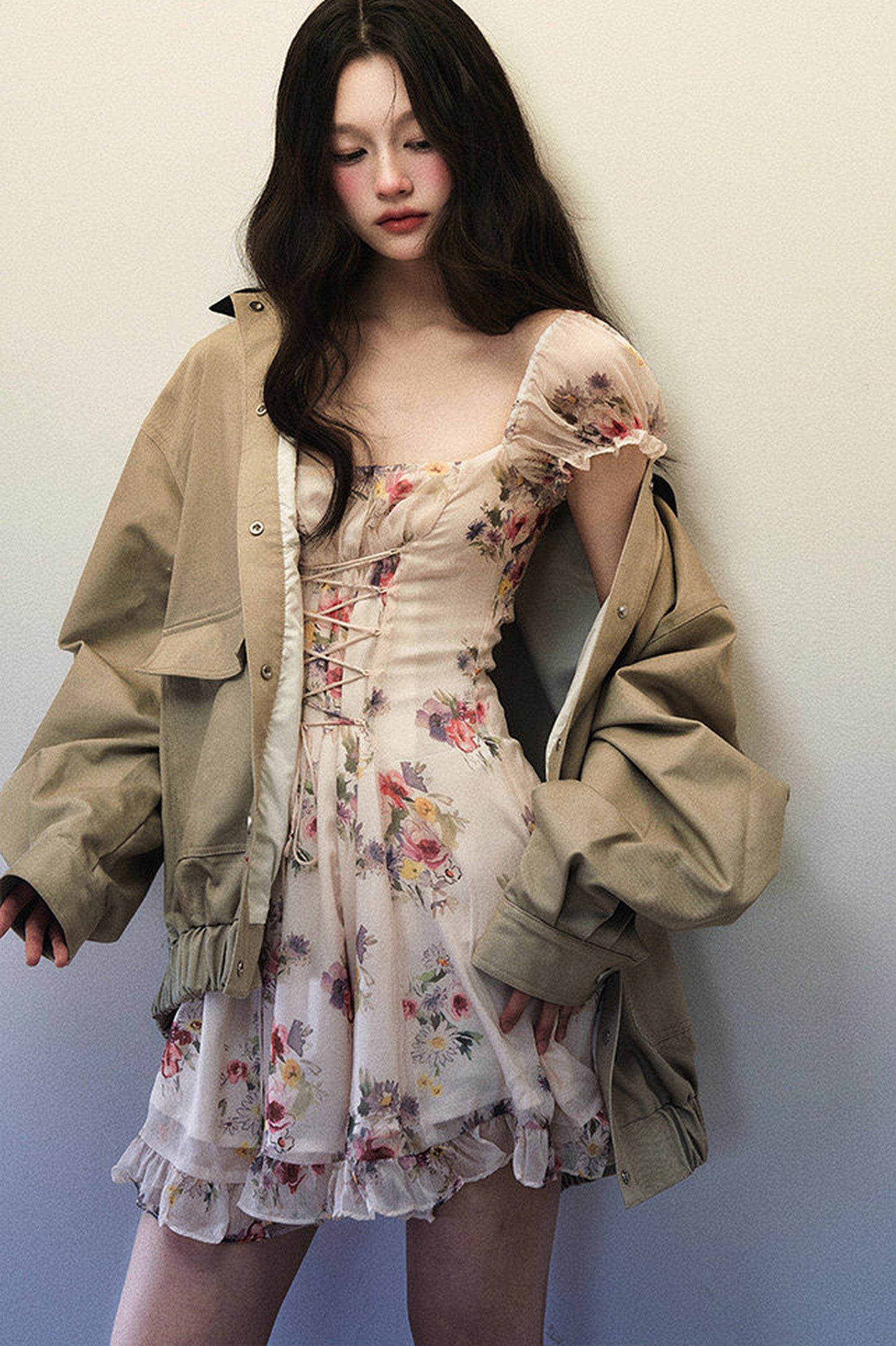 Oversized Khaki Green Black Lapel Jacket