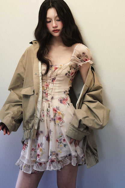 Oversized Khaki Green Black Lapel Jacket