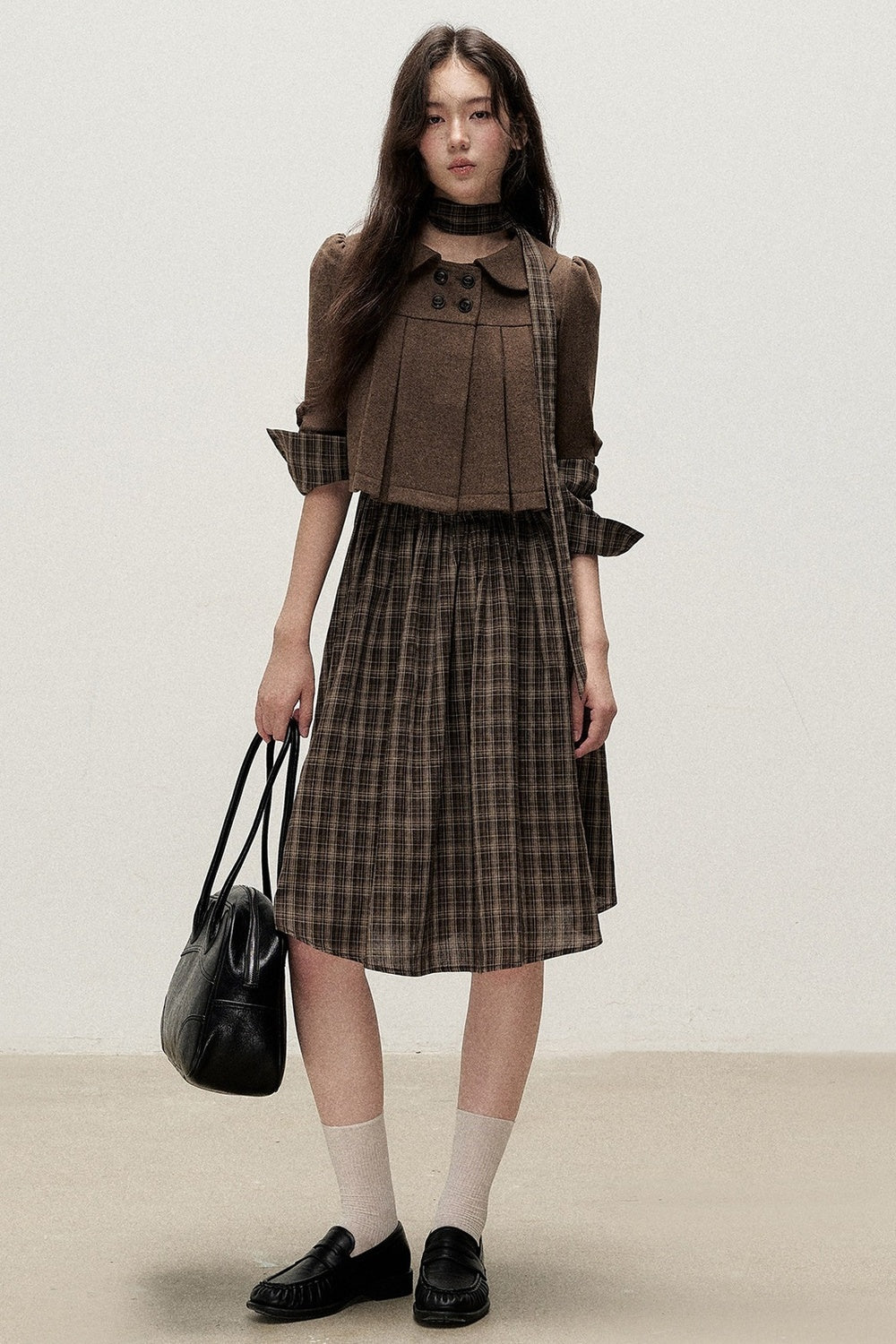 Diagonal Placket Plaid Ribbon Dress
