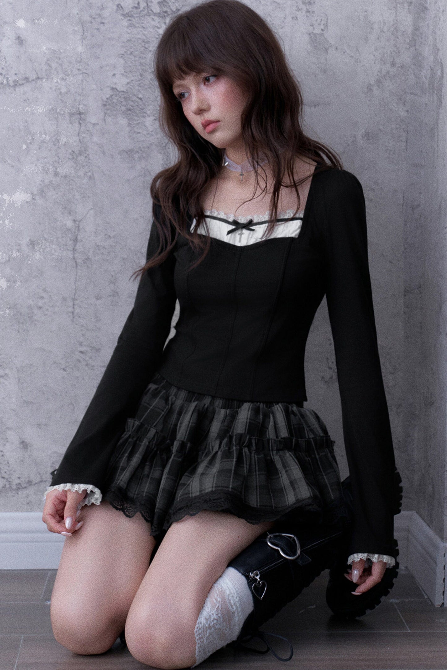 Three-Layer Gray Black Plaid Puffy Skirt