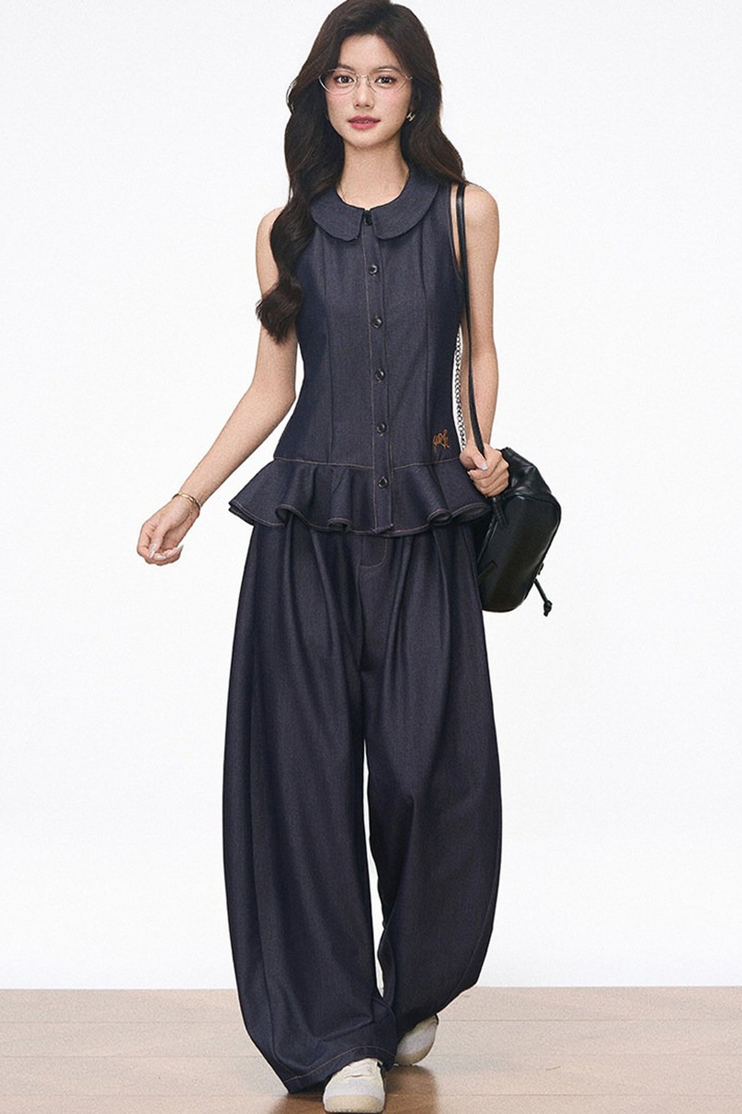 Doll Collar Faux Denim Set-Up