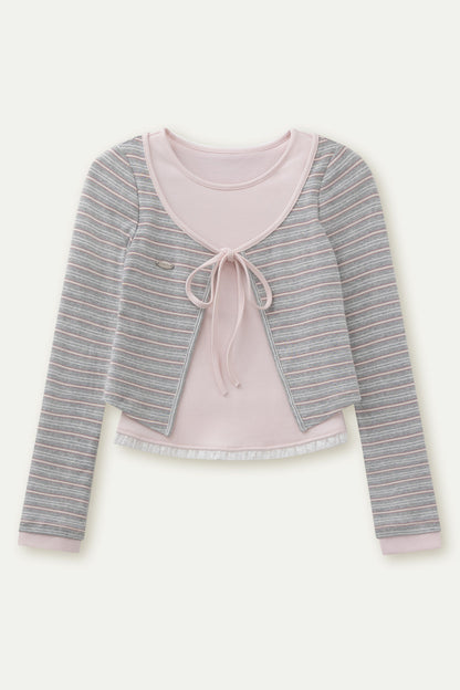 Layered-Look Floral Striped T-shirt