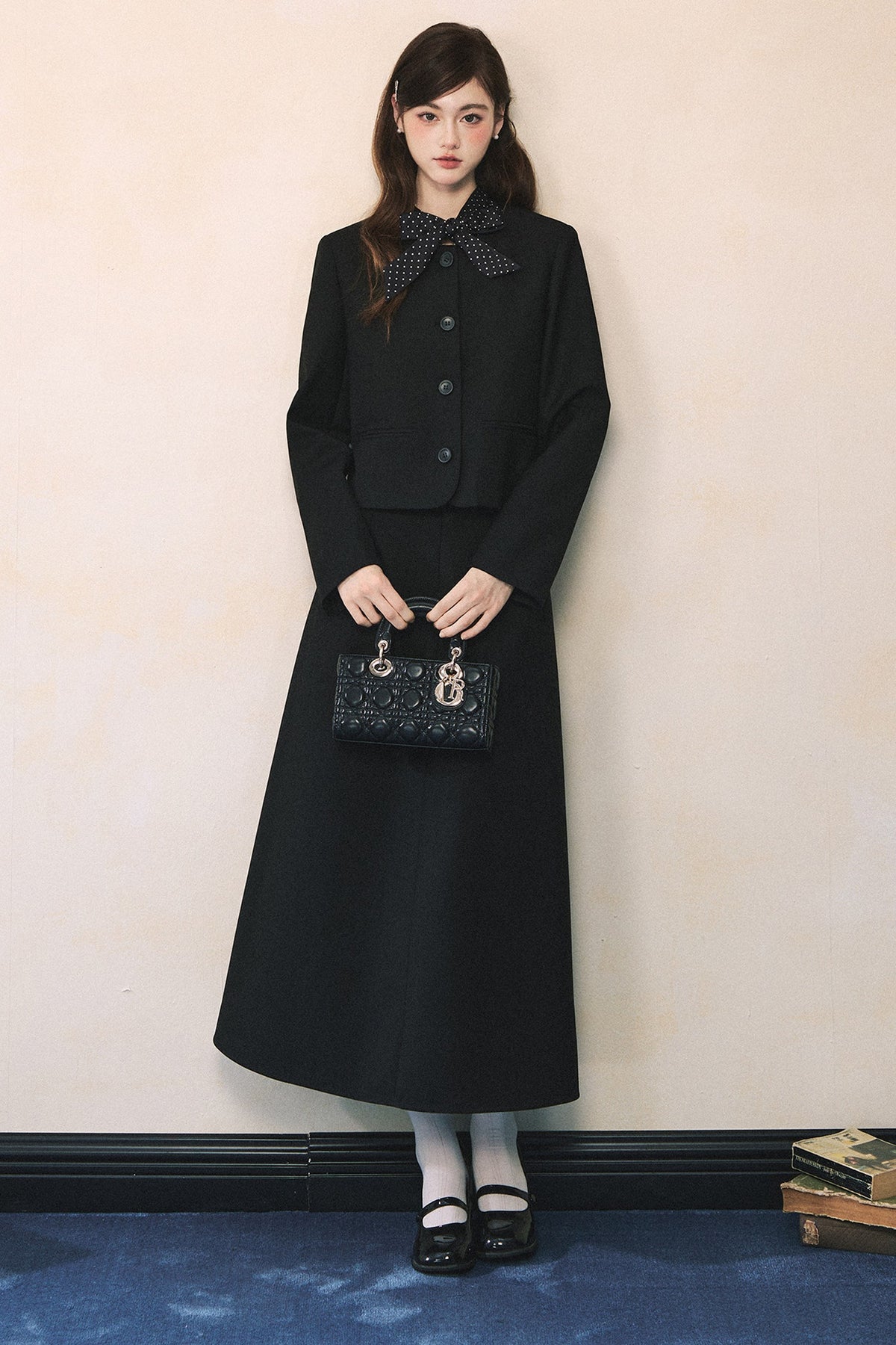 Black Polka Dot Tie Blazer And Skirt Set-Up