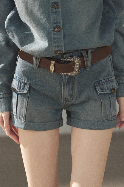 Denim Jacket Shirt And Cargo Shorts Set-Up