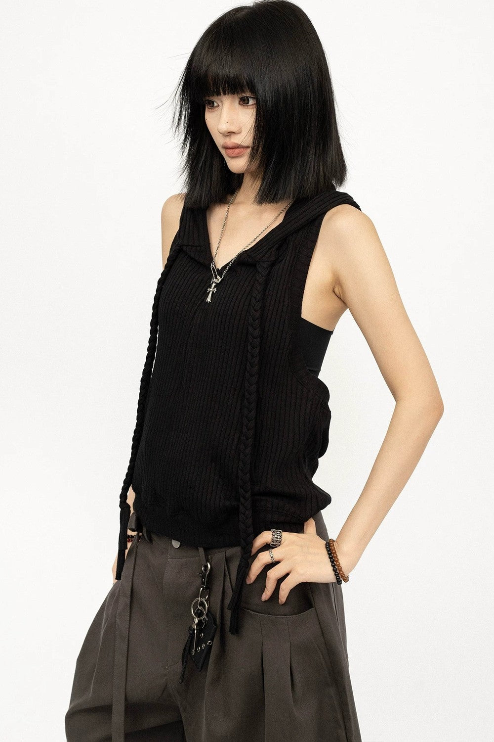 Black Hooded Vest Top