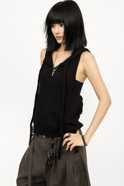 Black Hooded Vest Top