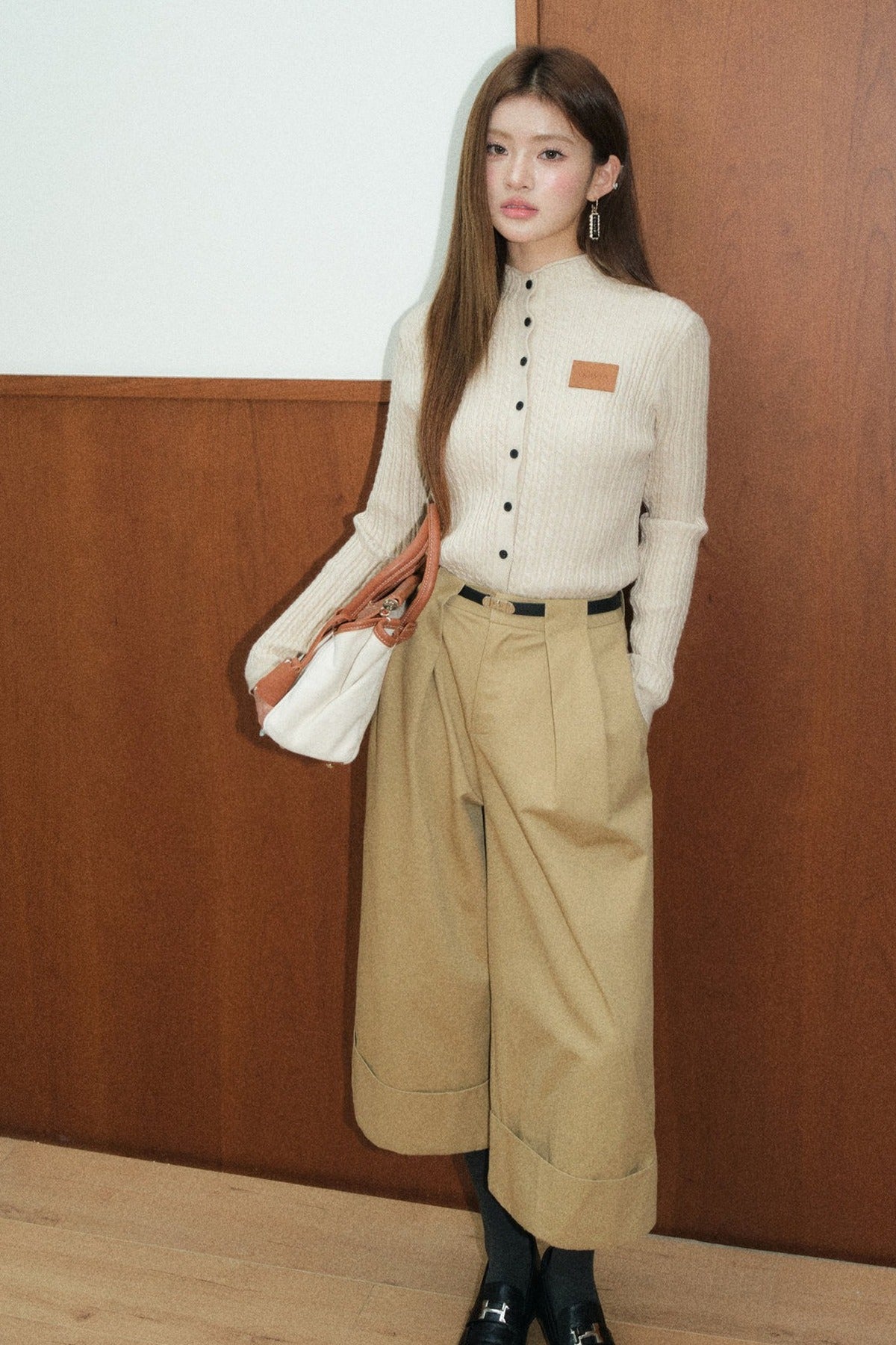 Olivia Duo Half Turtleneck Cable Knit Top and Khaki Pants Set-Up