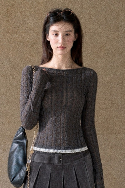 Wool Jacquard Lace Trim Color-Block Knit Top
