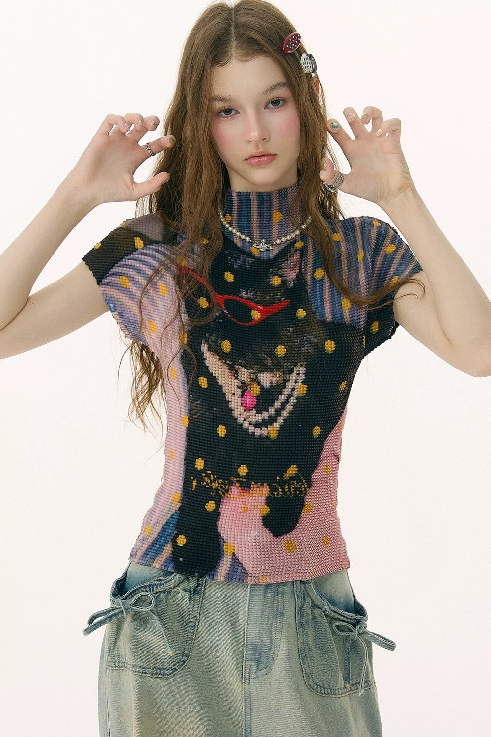 Pleated Cat Print Blouse
