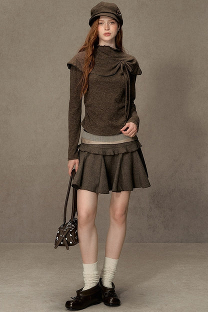 Bowknot Cape Collar Long Sleeve Top