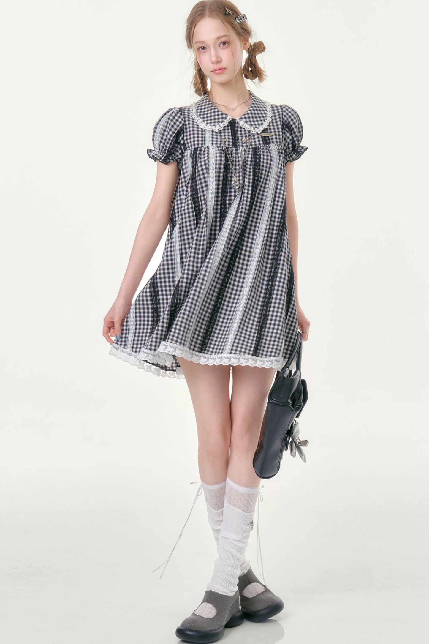 Retro Plaid Doll Collar Lace Dress
