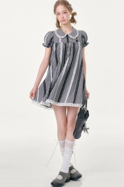 Retro Plaid Doll Collar Lace Dress