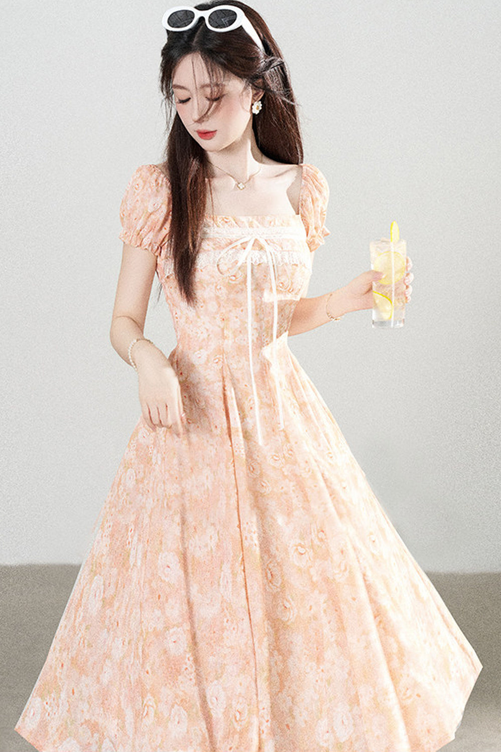Square-Neck Floral Puff-Sleeve Chiffon Dress