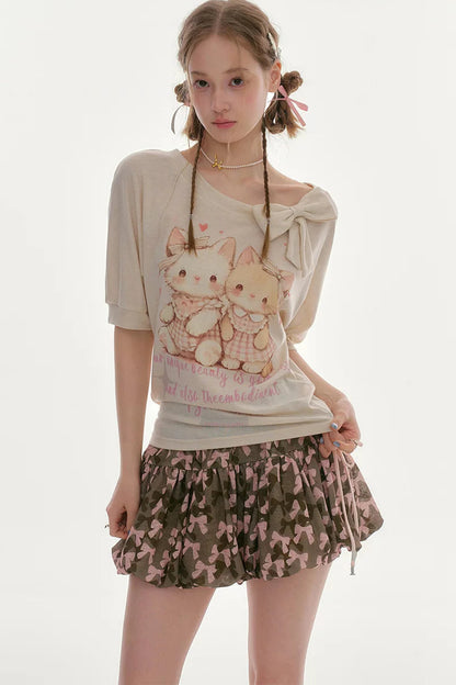 Playful Cat Print Bow Top