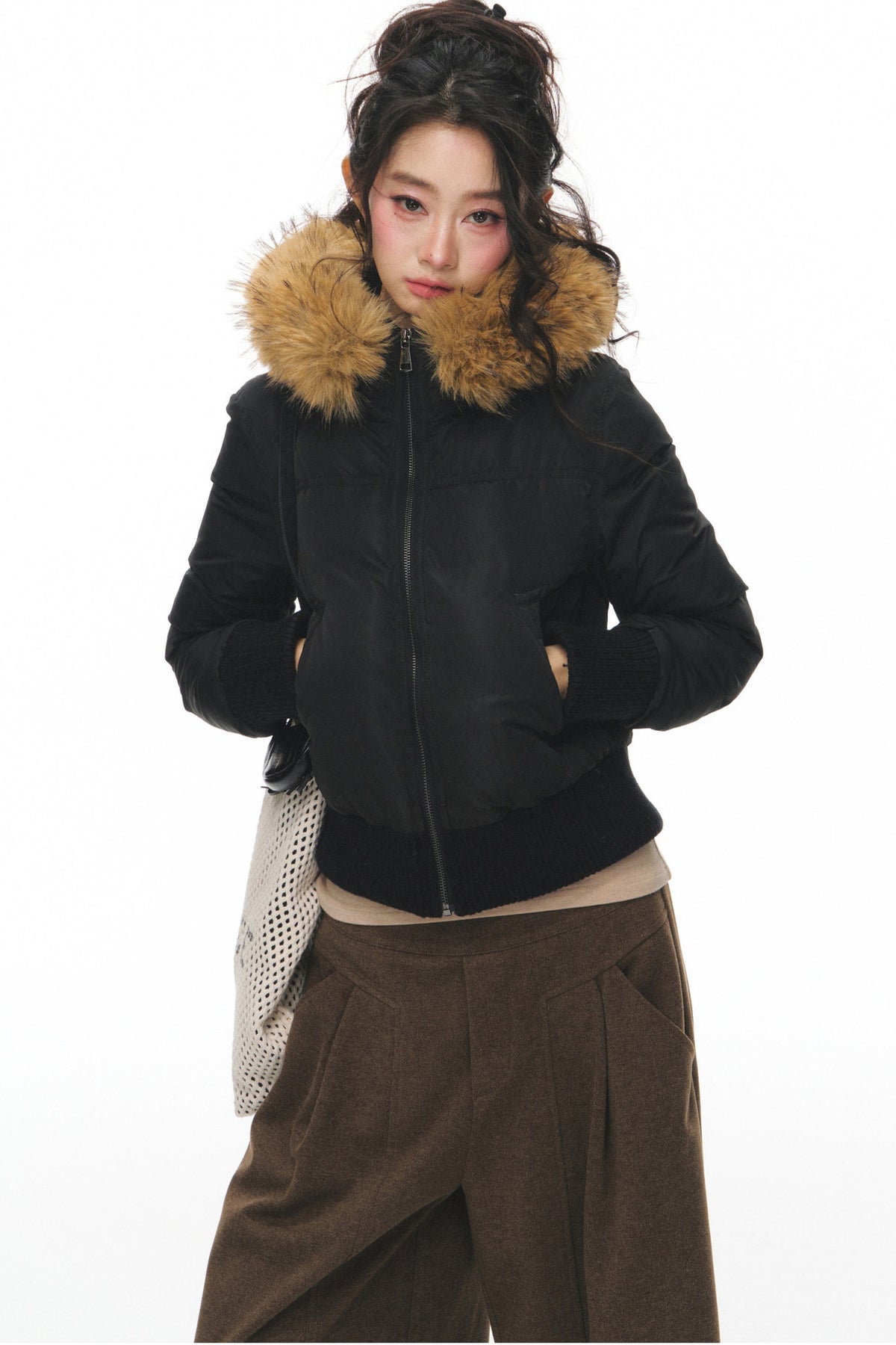 Lightweight Hooded Fur Collar Down Jacket and Pants Set-Up