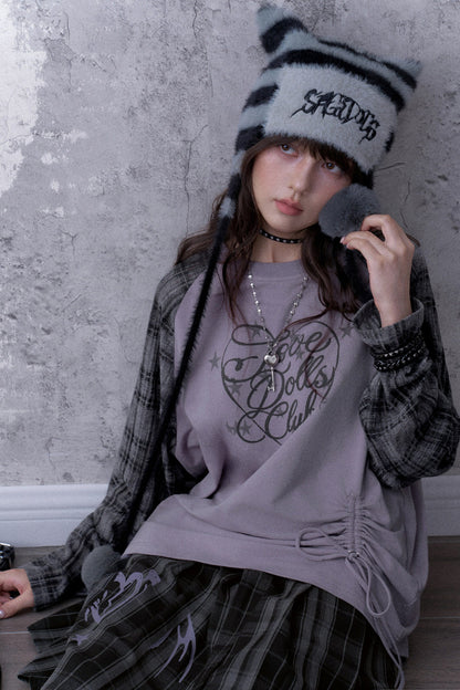 Gray-Purple Raglan Sleeve Printed Drawstring T-Shirt and Plaid Skirt Set