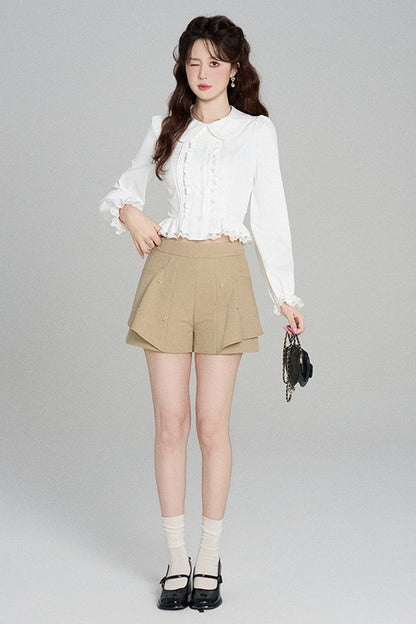 Ruffled Doll Collar Blouse And Shorts Set-Up