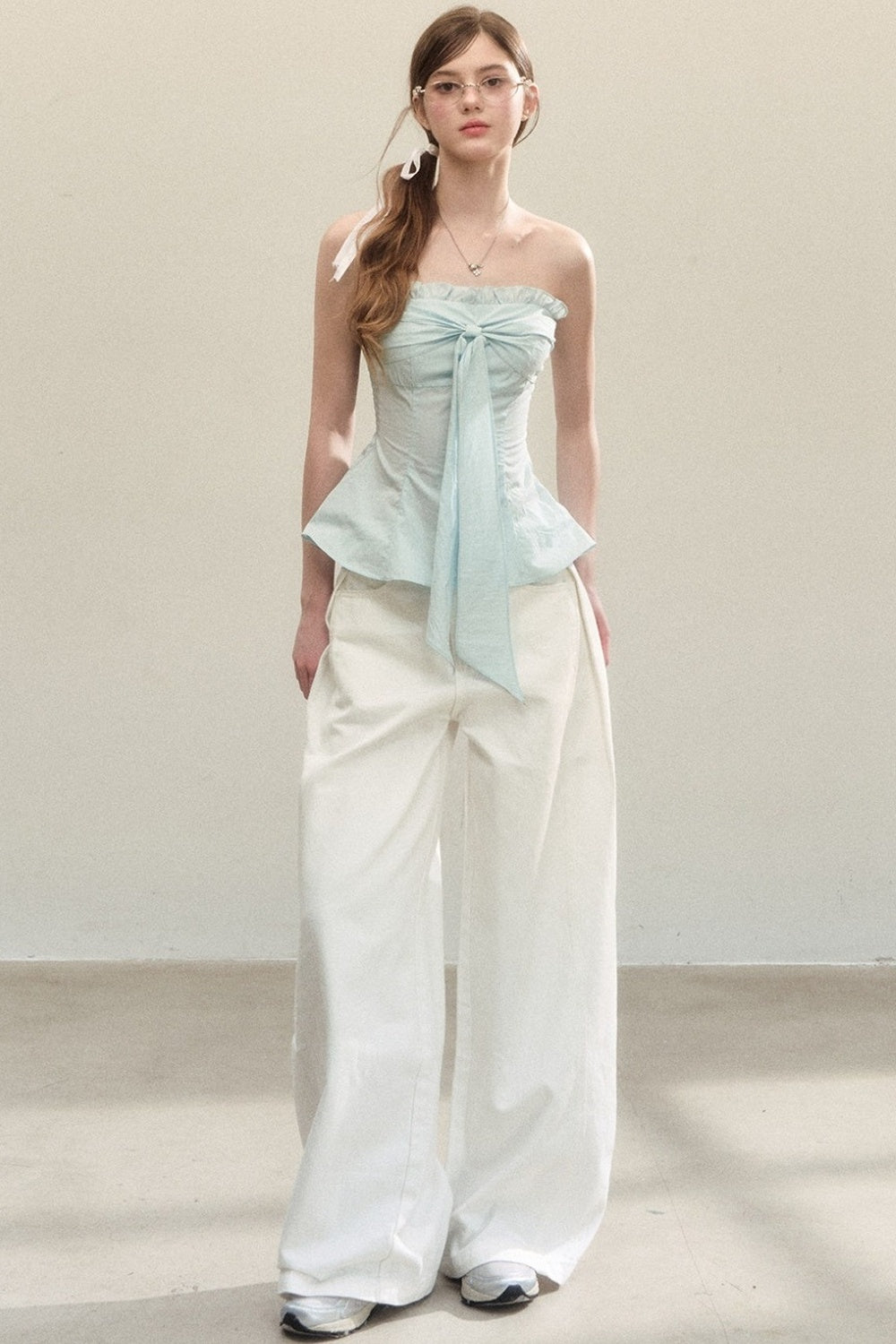 White Drapey High-Waisted Wide-Leg Pants