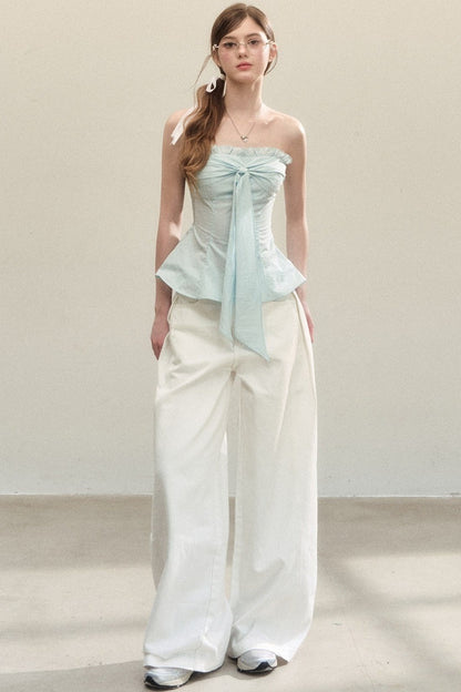 White Drapey High-Waisted Wide-Leg Pants
