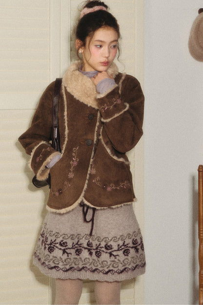 Embroidered Branch Snow Faux Suede Jacket