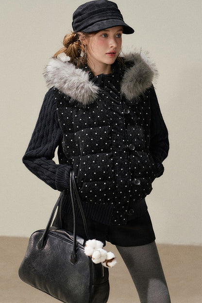 Black Chenille Polka Dot Hooded Down Jacket