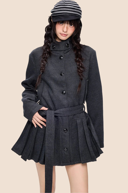 Mid-Length Accordion Pleat Woolen Coat